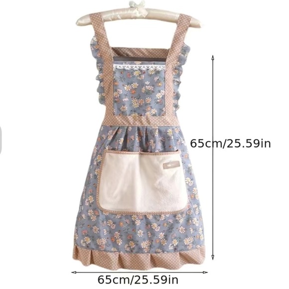 Apron Bib Sweet Vintage Retro Vibe Pockets Waist Tie Floral Polka Dot Blue OS - Picture 2 of 12